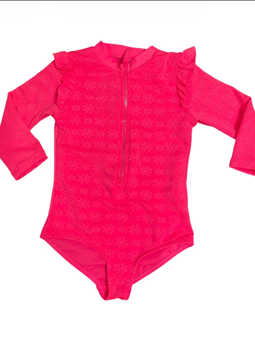 Kensie Girl Hot Pink Long-Sleeve Ruffle One-Piece Swimsuit with Front Zip